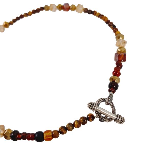 Vintage Tiger Eye Gemstone Necklace Amber Glass Beaded Choker Silver Tone Toggle - Picture 12 of 12